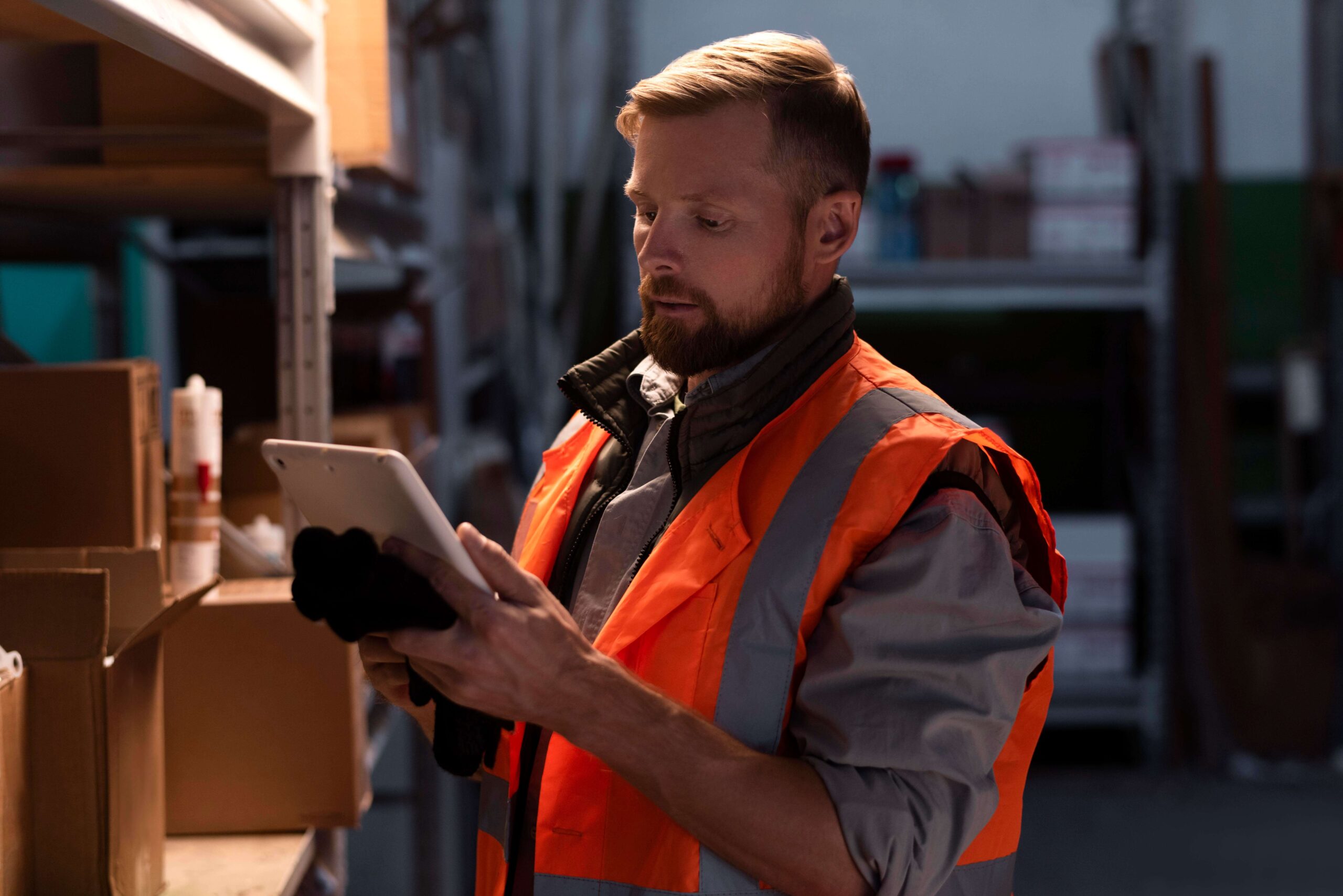 Warehouse worker on the floor near forklift operations