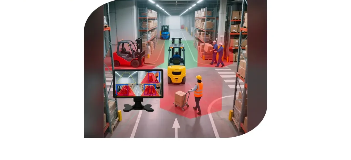 AI computer vision distinguishing a pedestrian from warehouse racking