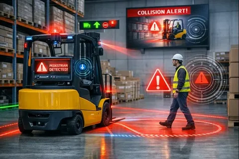 AI forklift anti-collision system detecting a pedestrian in a warehouse aisle